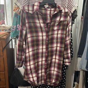 Jodifl Dress Womens Medium Red Plaid Roll Tab Flannel Pocket Shirt Dress